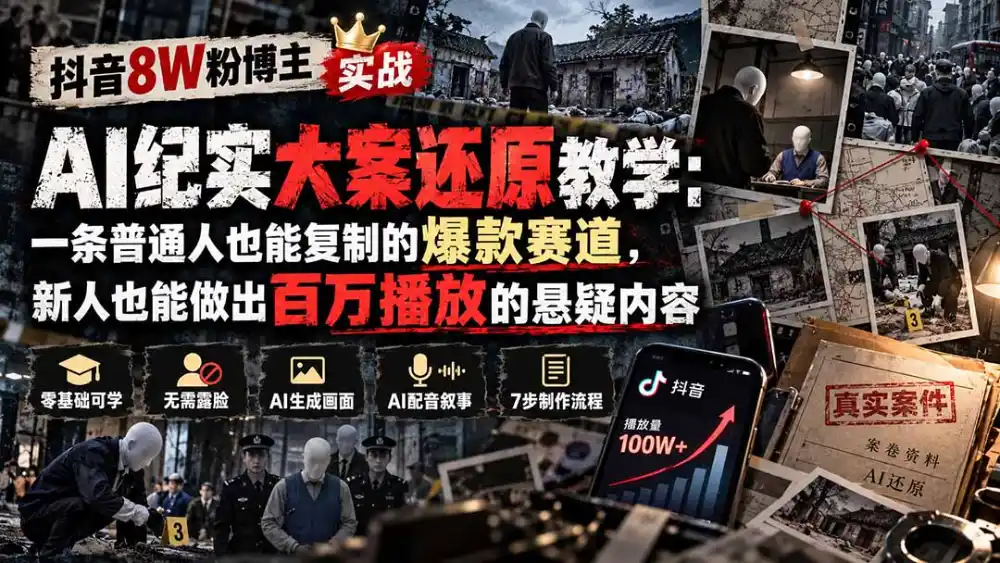 抖音8W粉博主AI纪实大案还原教学：一条普通人也能复制的爆款赛道，新人也能做出百万播放的悬疑内容-豌豆轻创