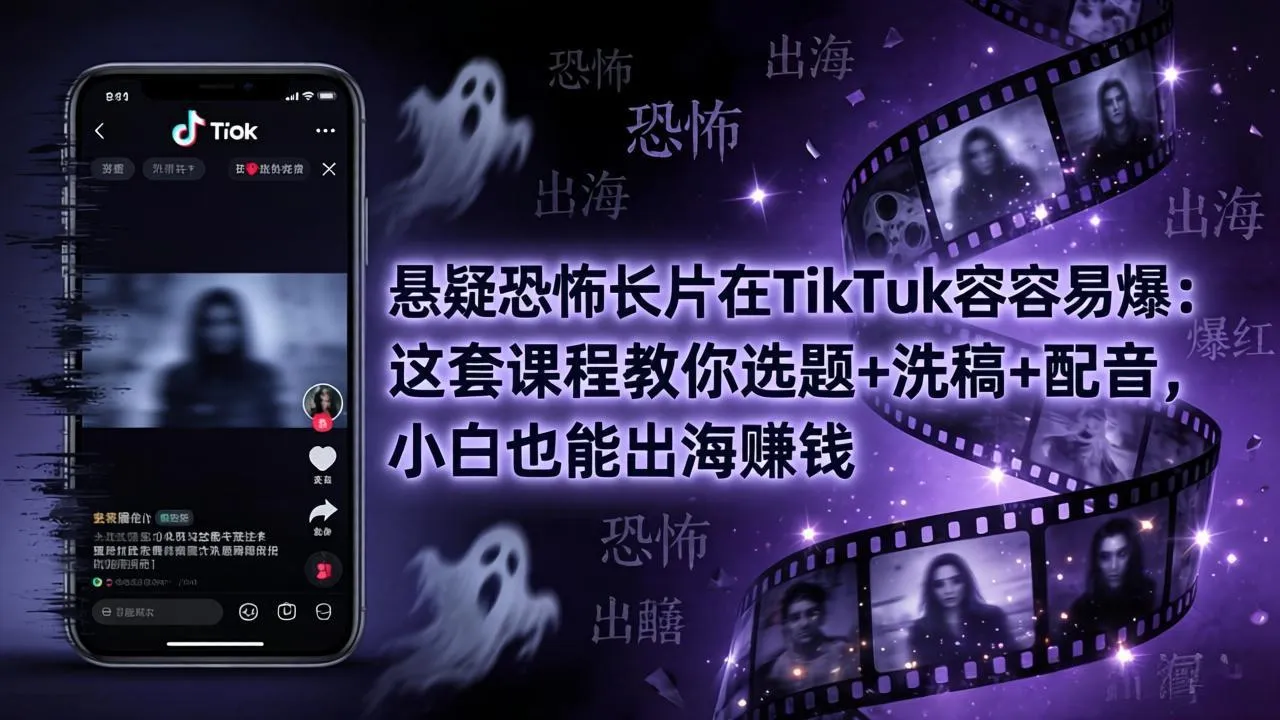 悬疑恐怖长片在TikTok最容易爆：这套课程教你选题+洗稿+配音，小白也能出海赚钱-豌豆轻创