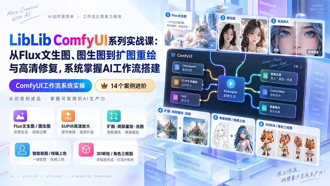 LibLib ComfyUI系列实战课：从Flux文生图、图生图到扩图重绘与高清修复，系统掌握AI工作流搭建-豌豆轻创