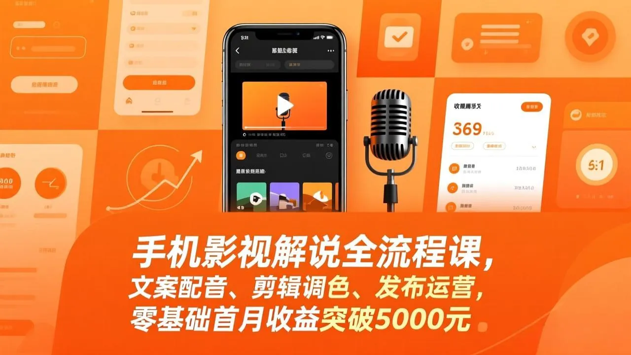 手机影视解说全流程课，文案配音、剪辑调色、发布运营，零基础首月收益突破5000元-轻创