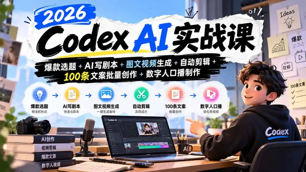 2026Codex AI实战课：爆款选题+AI写剧本+图文视频生成+自动剪辑+100条文案批量创作+数字人口播制作-豌豆轻创
