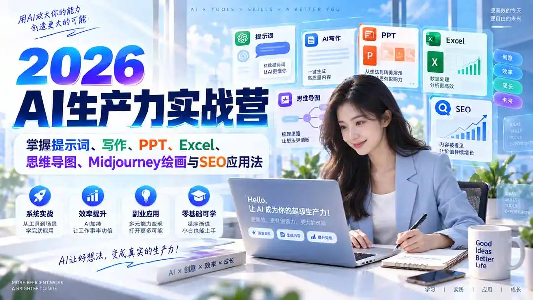 2026AI生产力实战营：掌握提示词、写作、PPT、Excel、思维导图、Midjourney绘画与SEO应用法-豌豆轻创