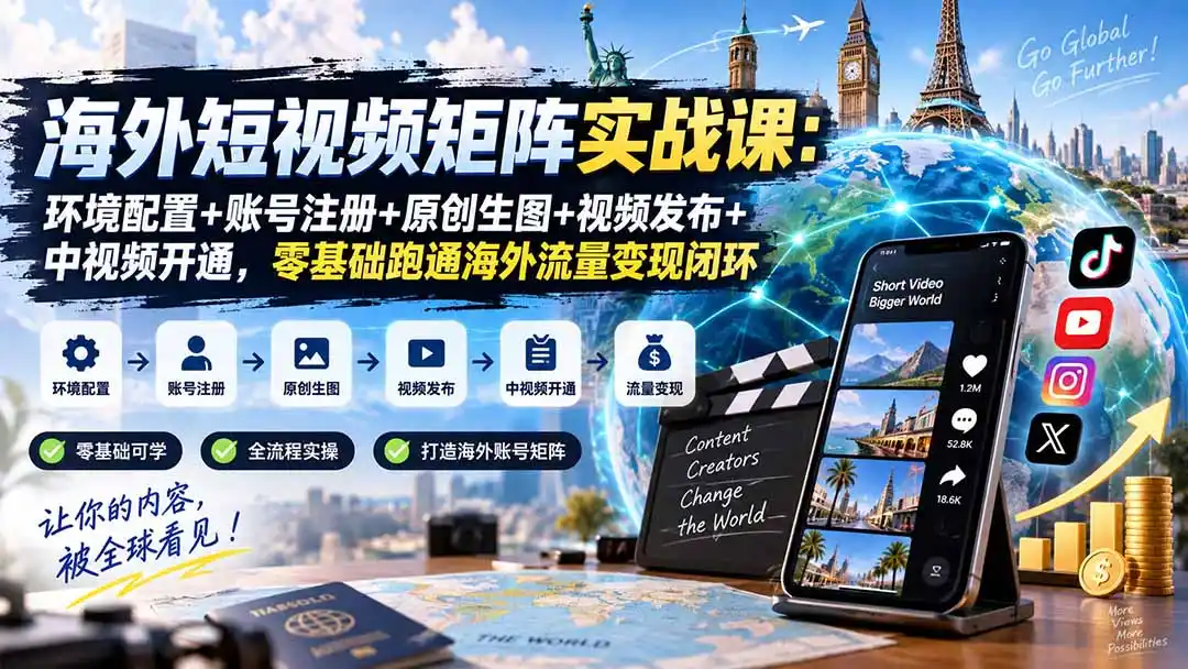 海外短视频矩阵实战课：环境配置+账号注册+原创生图+视频发布+中视频开通，零基础跑通海外流量变现闭环-豌豆轻创