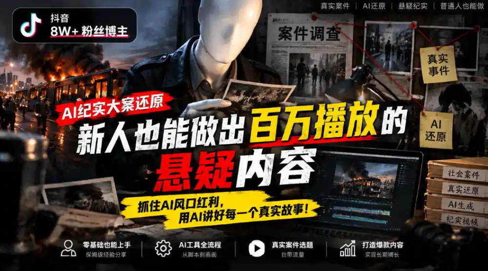 抖音8W粉丝博主的AI纪实大案还原教学，新人也能做出百W播放的悬疑内容，抓住AI风口红利，用AI讲好每一个真实故事(更新1014)-豌豆轻创