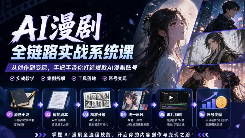 AI漫剧全链路实战系统课｜原创小说、智能剧本、精准分镜、统一画风、成片剪辑、账号变现实操教学(更新1018)-豌豆轻创