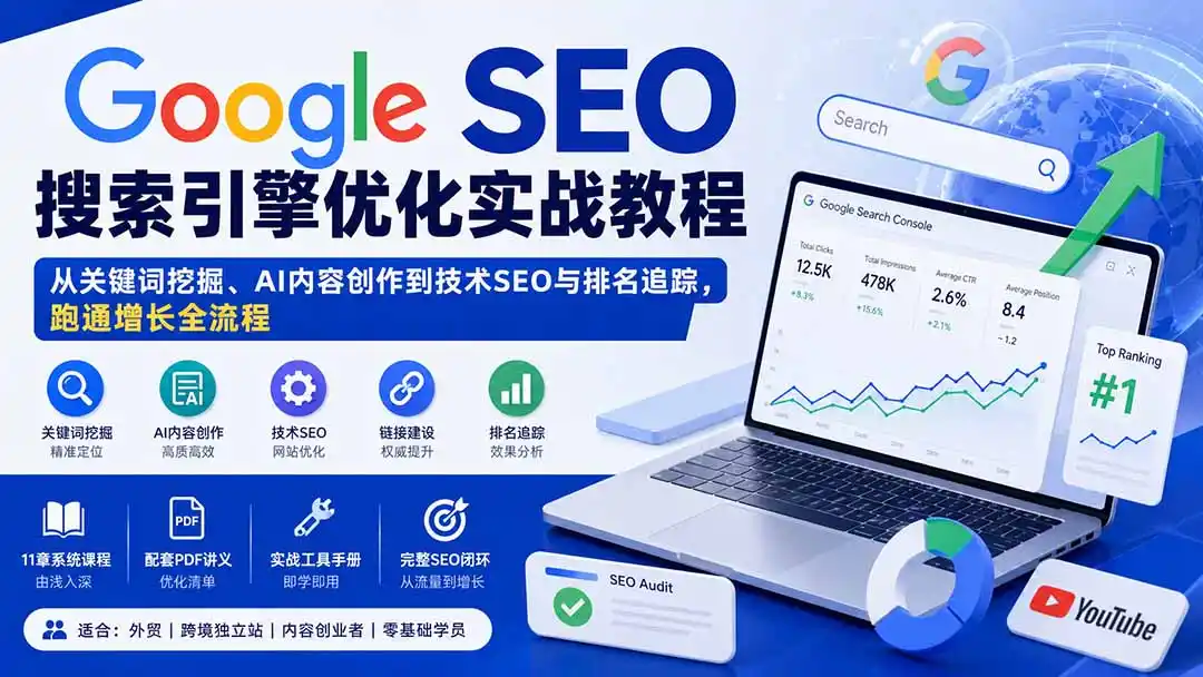 Google SEO搜索引擎优化实战教程：从关键词挖掘、AI内容创作到技术SEO与排名追踪，跑通增长全流程-豌豆轻创