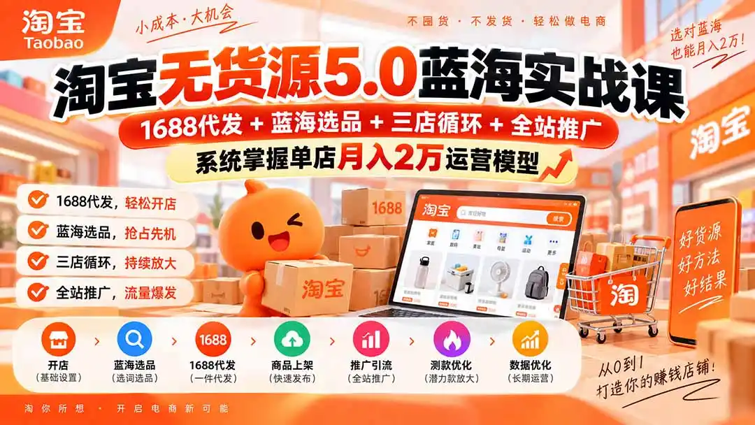 淘宝无货源5.0蓝海实战课-更新：1688代发+蓝海选品+三店循环+全站推广，系统掌握单店月入2万运营模型-豌豆轻创