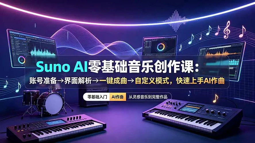 Suno AI零基础音乐创作课：账号准备→界面解析→一键成曲→自定义模式，快速上手AI作曲-豌豆轻创