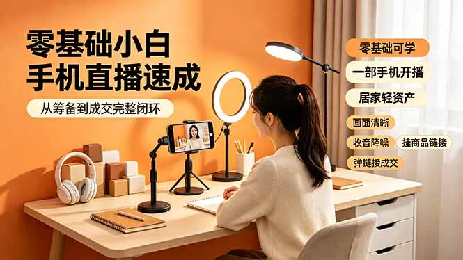 零基础小白手机直播速成，从筹备到成交完整闭环，适配苹果安卓系统，解决杂音卡顿留人难问题-豌豆轻创
