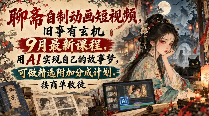 聊斋自制动画短视频，旧事有玄机9月最新课程，用AI实现自己的故事梦，可做精选附加分成计划，接商单收徒-豌豆轻创