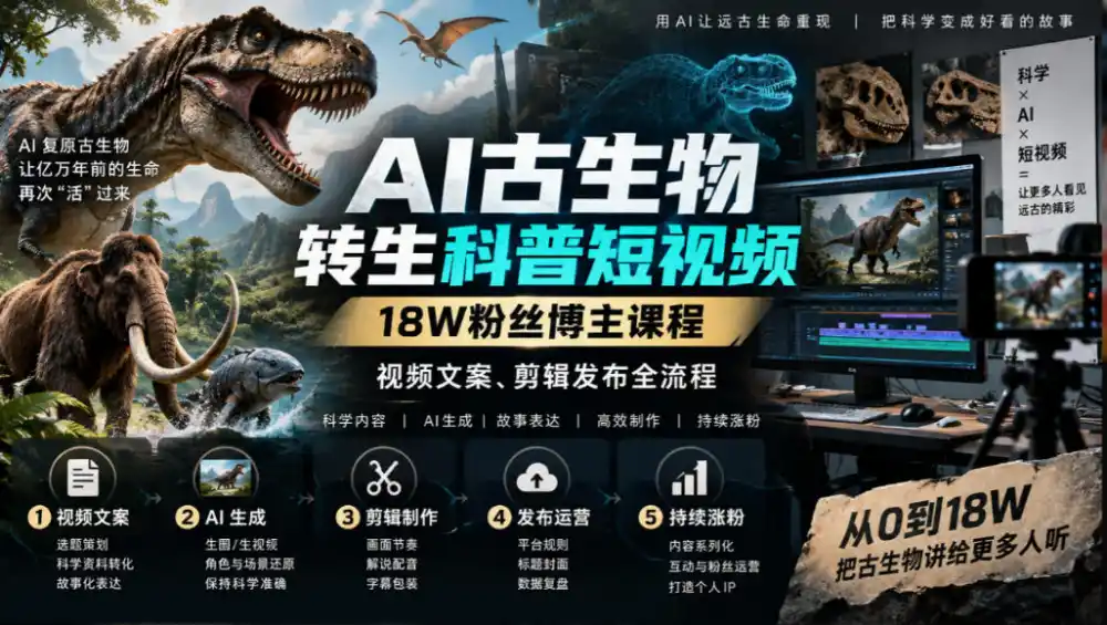 AI古生物转生科普短视频，18W粉丝博主课程，视频文案、剪辑发布全流程-豌豆轻创